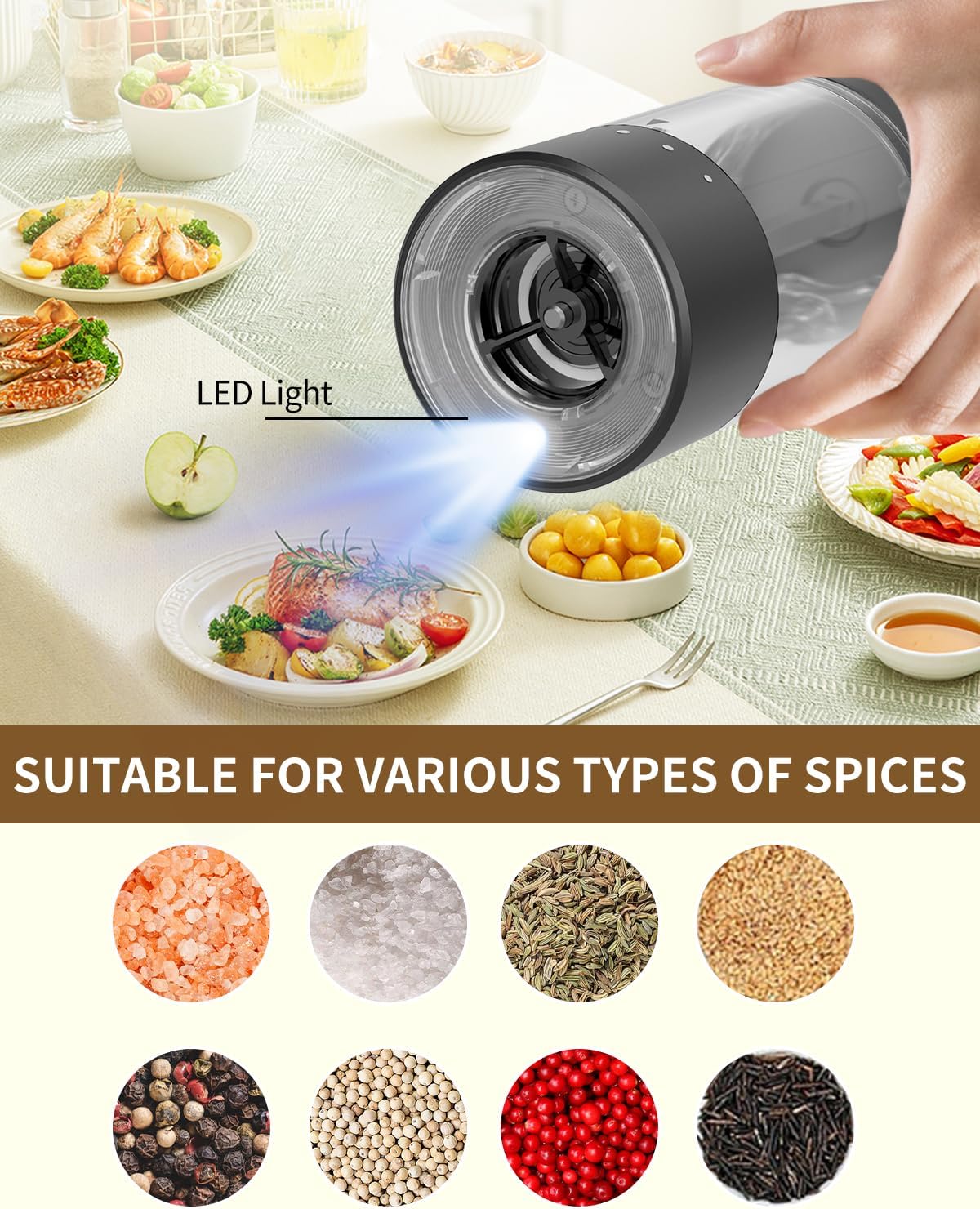 CIRCLE JOY Electric Salt and Pepper Grinder Set Automatic Salt and Pepper Grinder Set with Easy-to-Carry Charging Base and LED Light, USB Rechargeable, Upgrade External Adjustable Coarseness