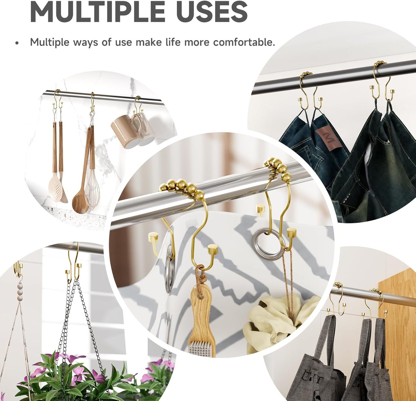 Shower Curtain Hooks, Shower Curtain Rings Rust Proof Double Hook Shower Curtain Hooks with Clindrical Design, 12 Pcs Light Gold Shower Hooks for Shower Curtain, Metal Shower Rod Hooks