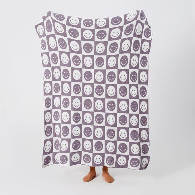 YIRUIO with Smiley Faces Checkerboard Throw Blankets Checkered Reversible Microfiber Super Soft Warm Cozy Fluffy Shaggy Blanket for Home Office Couch Bed Sofa Decor (Lavender)