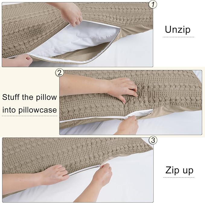 PHF 100% Cotton Waffle Body Pillowcase with Zipper, 1 Pack 20" x 54" Soft Skin-Friendly Pillow Sham, No Filling, Aesthetic Woven and Breathable Waffle Weave Body Pillow Cover for Bed, Simply Taupe