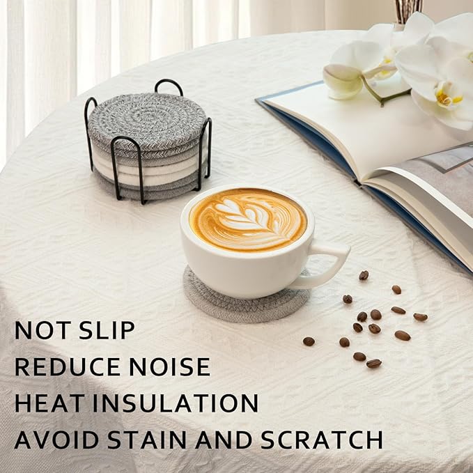 OIAHOMY 8 Pcs Coasters with Holder, Coasters for Drinks, Woven Cotton Absorbent Coaster Set for Kinds of Cups, Housewarming Gifts for Home Decor -Grey
