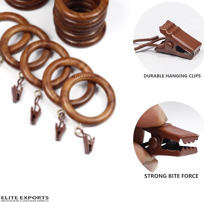 50 Pcs Curtain Rings with Clips Wooden, 3 inch for 1.5-2 inch Rod, Window Shower Curtain Hooks, Wood Curtain Rod Wood Curtain Rings with Eyelet, Drapery Rings, (50, 2.2 INCH Inner Dia)