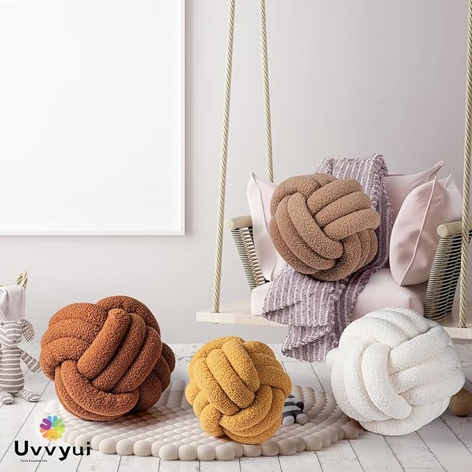 Uvvyui Knot Pillow Ball, Soft Home Decorative Pillows, Round Throw Pillow, Handmade Knotted Plush Pillow, Round Boucle Pillow Cushion (11 Inches Khaki)