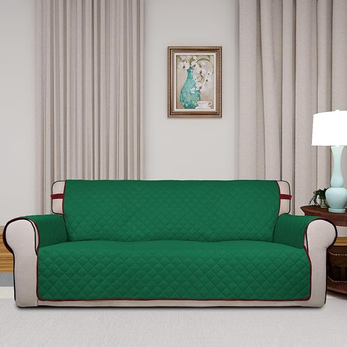 PureFit Reversible Quilted Sofa Cover, Water Resistant Slipcover Furniture Protector, Washable Couch Cover with Non Slip and Elastic Straps for Kids, Dogs, Pets (Sofa, Green/Red)