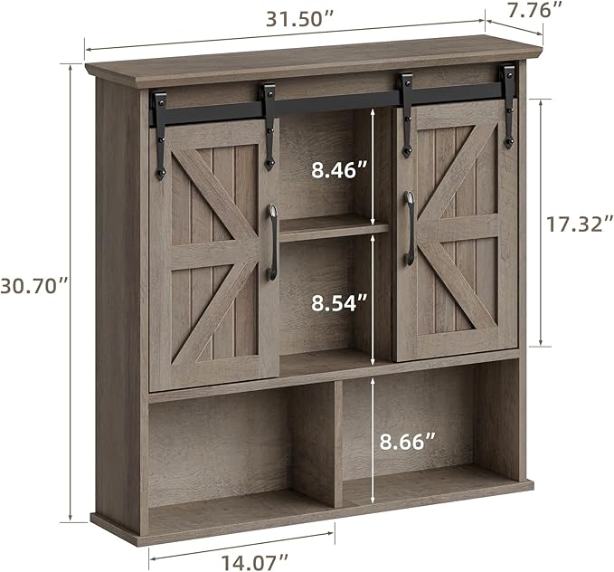 Vabches Bathroom Wall Cabinet, Farmhouse Wooden Medicine Cabinet with Double Sliding Barn Door and Adjustable Shelves, Farmhouse Storage Cabinet Wall Mounted for Bathroom, Kitchen Dining, Washed Oak
