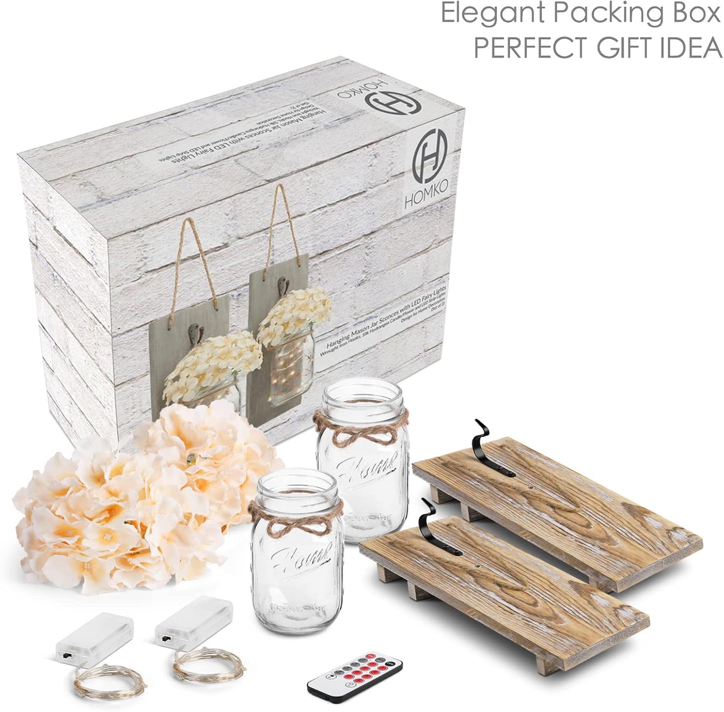 HOMKO Decorative Mason Jar Decorations with 6-Hour Timer LED Fairy Lights and Flowers - Rustic Home Decor (Set of 2)