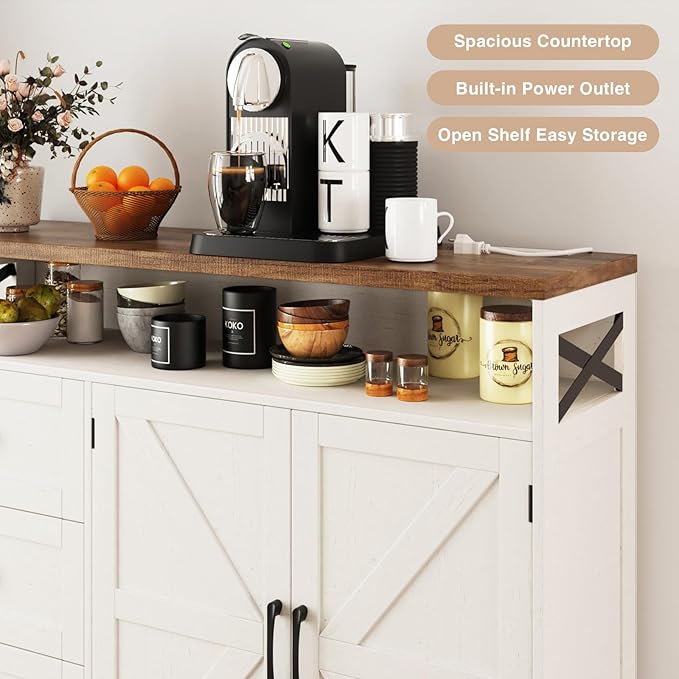 47" Antique White Storage Cabinet with Doors and Drawers, Farmhouse Sideboard Buffet Cabinet with Storage, Kitchen Pantry Hutch, Coffee Bar Station Table for Kitchen, Livingroom, Dining Room
