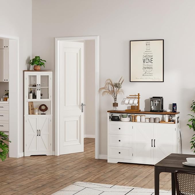 47" Antique White Storage Cabinet with Doors and Drawers, Farmhouse Sideboard Buffet Cabinet with Storage, Kitchen Pantry Hutch, Coffee Bar Station Table for Kitchen, Livingroom, Dining Room