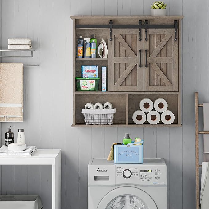 Vabches Bathroom Wall Cabinet, Farmhouse Wooden Medicine Cabinet with Double Sliding Barn Door and Adjustable Shelves, Farmhouse Storage Cabinet Wall Mounted for Bathroom, Kitchen Dining, Washed Oak