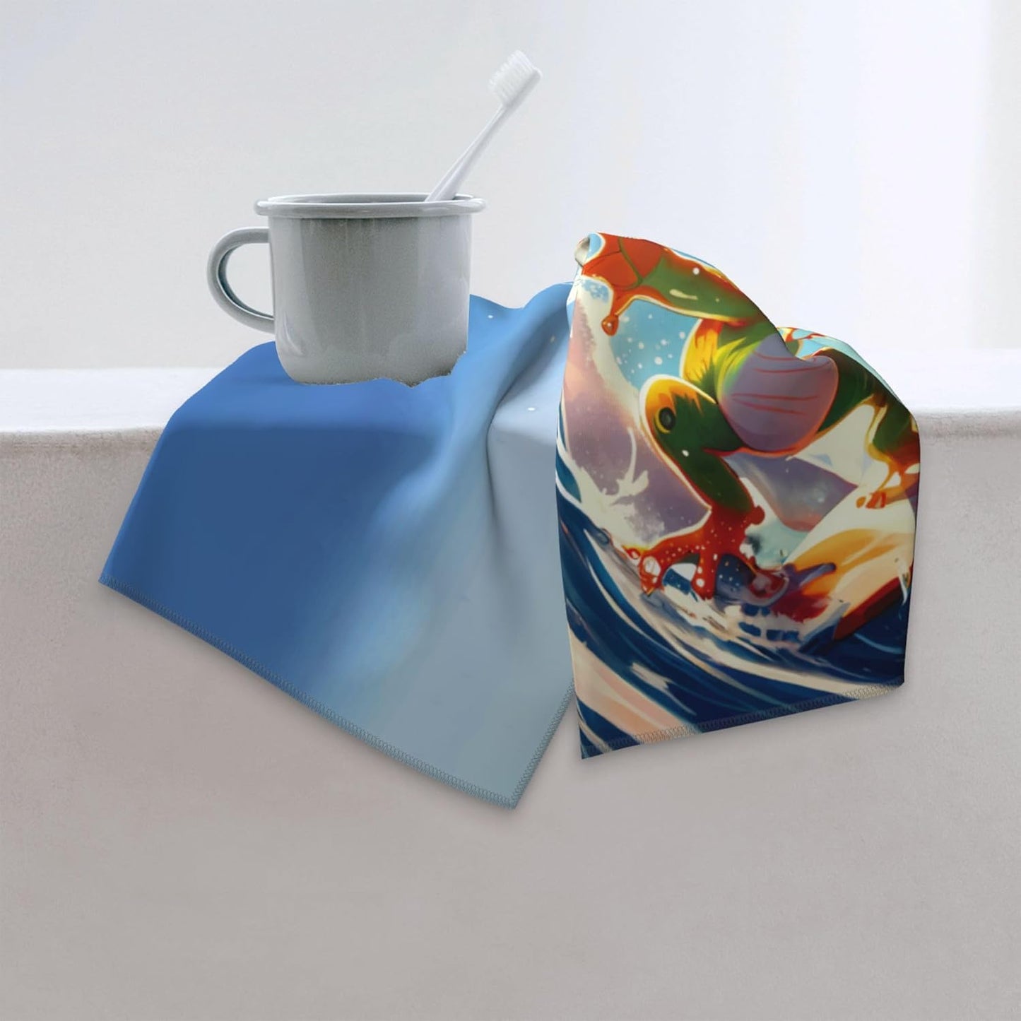 Cute Frog Surfing Bathroom Decor Hand Towel Set, Soft Absorbent Blue Bath Hand Towels for Bathroom Decorative, Funny Hand Towels for Kitchen Home Gym Yoga Spa 14"x28"