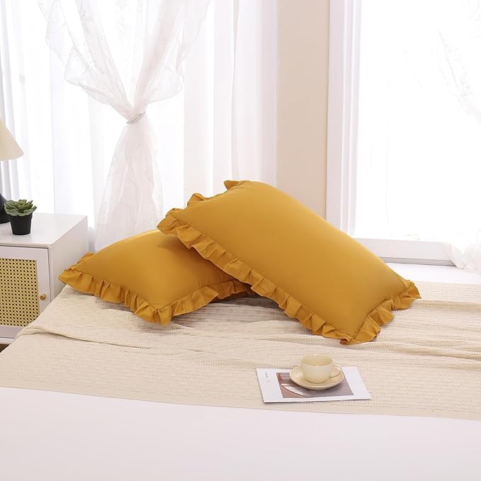 Merryword Mustard Yellow Pillowcases King Pillowcases Set of 2 Ruffle Pillow Shams Cute Pillow Covers Solid Ruffled Fringe Design Yellow Shabby Chic Pillowcases 2 Pack