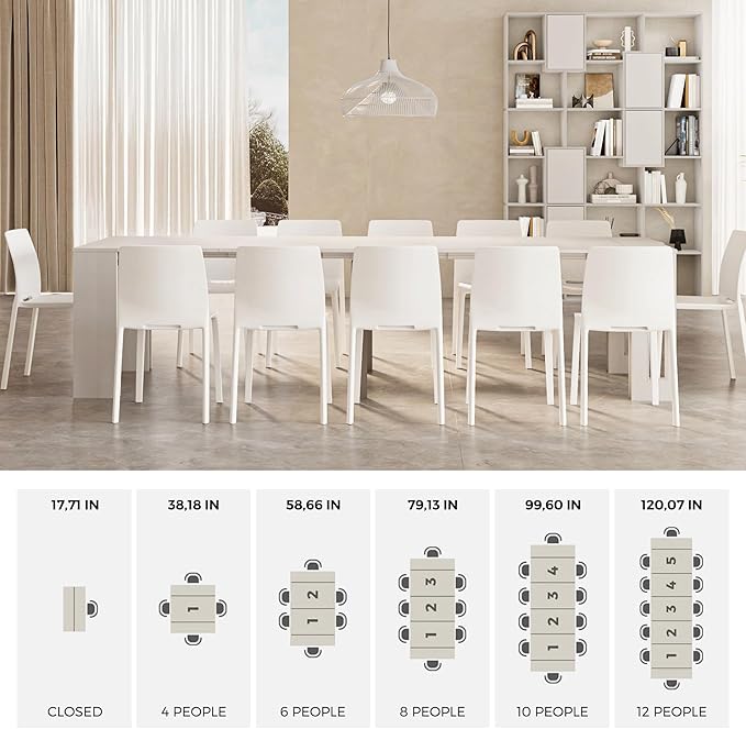 Mobili Fiver, Easy, Extendable Console Table with Extension Leaves Holder, 17.7(120.1) x35.4 in, Ashwood White, for 4-12 People, Space Saving Dining Table for Living Room, Italian Furniture