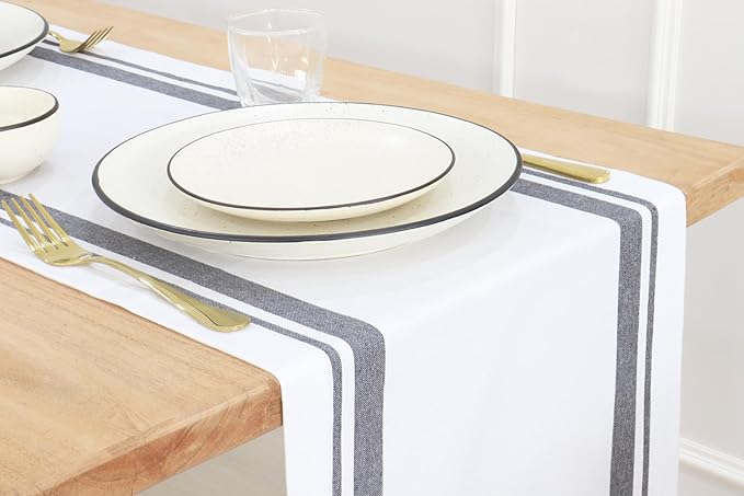 PurpleEssences French Striped Table Runner 72 inches Long Stripe Runner 14 x 72 Inch 100% Cotton - Durable Washable Fabric for Fall Thanksgiving - Grey and White
