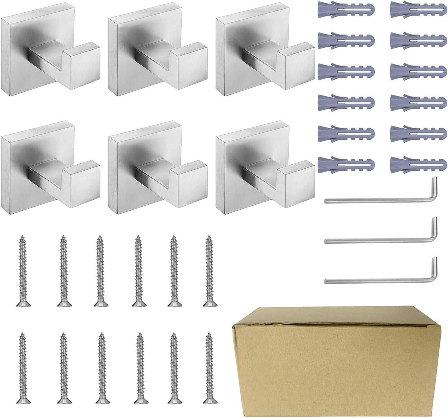 Nolimas Bathroom Towel Hook SUS304 Stainless Steel Square Clothes Coat Robe Hooks Cabinet Closet Door Sponges Hanger for Bath Kitchen Garage,Heavy Duty Wall Mounted,Brushed Nickel Finish,6pack