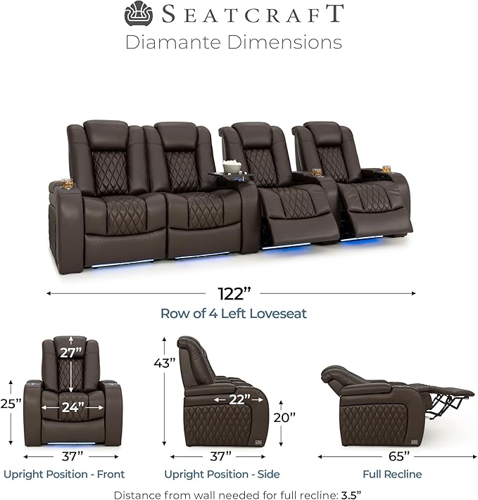 Seatcraft Diamante Zero-Gravity CoolZero Italian Leather Home Theater Seating, Power Headrest, Power Recline, Row of 4 Left Loveseat, Brown