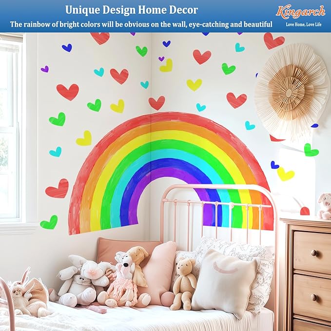 Large Watercolor Rainbow Wall Decals, Hearts Peel and Stick Fabric Nursery Wall Decor, Removable Home Room Wall Decor Murals Stickers for Kids Girls Toddler Bedroom Living Room Playroom