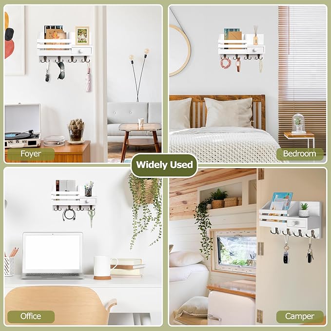 Key Holder Wall Mount, Wooden Adhesive Mail and Key Organizer with Drawer, Small Shelf, 8 Hooks, 2 Installation Methods, White