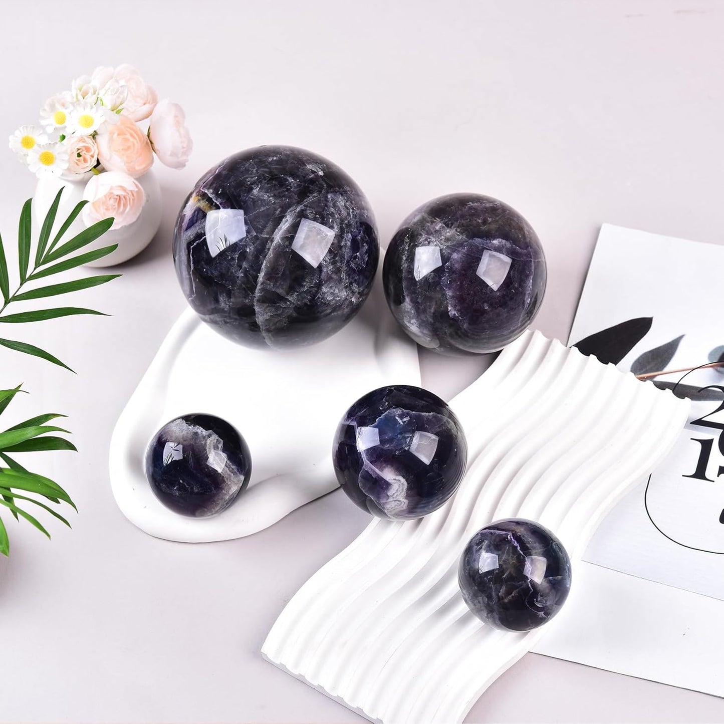 JIC Gem Large Colorful Fluorite Crystal Sphere Ball with Wooden Stand Fluorite Healing Decorative Ball 100-110mm