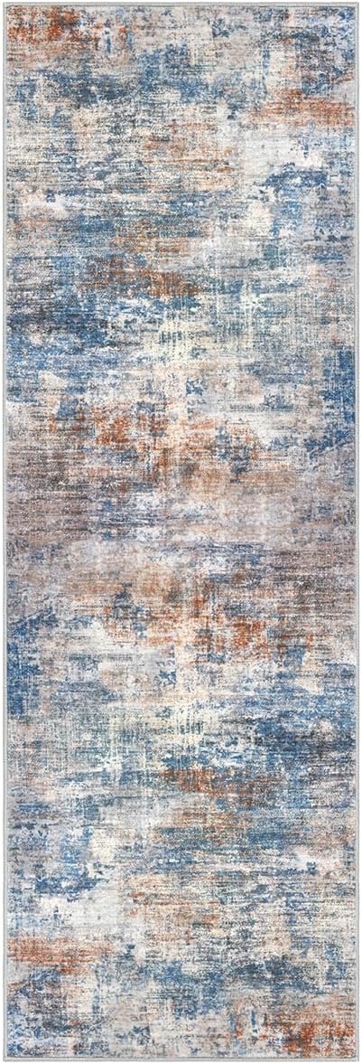 IOHOUZE Abstract Runner Rug 2x6 Ft Washable Runners for Hallways, Non Slip Kitchen Runner Printed Faux Wool Entryway Runner Indoor, Modern Abstract Floor Carpet for Hall Bedroom, Blue Rust