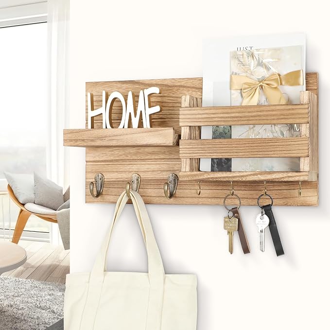Mail Organizer for Wall Mount – Key Holder with Shelf Includes Letter Holder and Hooks for Coats, Dog Leashes – Rustic Wood with Flush Mounting Hardware (16.5” x 8.7” x 3.5”) (Wood)