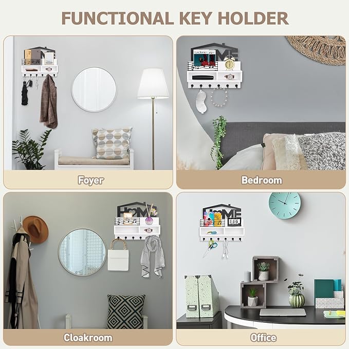 VIS'V Key Holder Wall Mount, Decorative Wooden Mail and Key Organizer with Storage Basket and Shelf, 2 Compartments, 6 Hooks, White