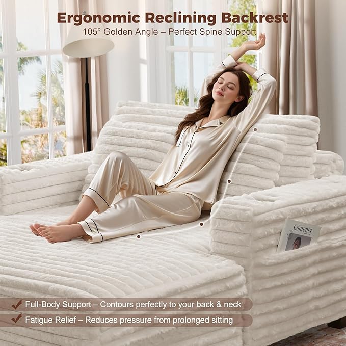 HUSFU 60'' Oversized Chaise Lounge Chair Indoor,Sleeper Cloud Chair,Chaise Lounge Sofa Bed with Cup Holder and Pillows,Plush Chairs Bed for Living Room Bedroom,Beige