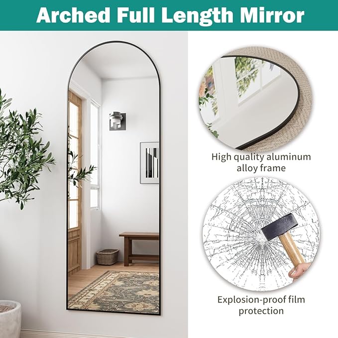 TinyTimes 57"x20" Arched Full Length Mirror, Full Floor Mirror with Stand, Large Full Body Mirror, Wall Mirrors for Bedroom Living Room, Aluminum Frame (Black)