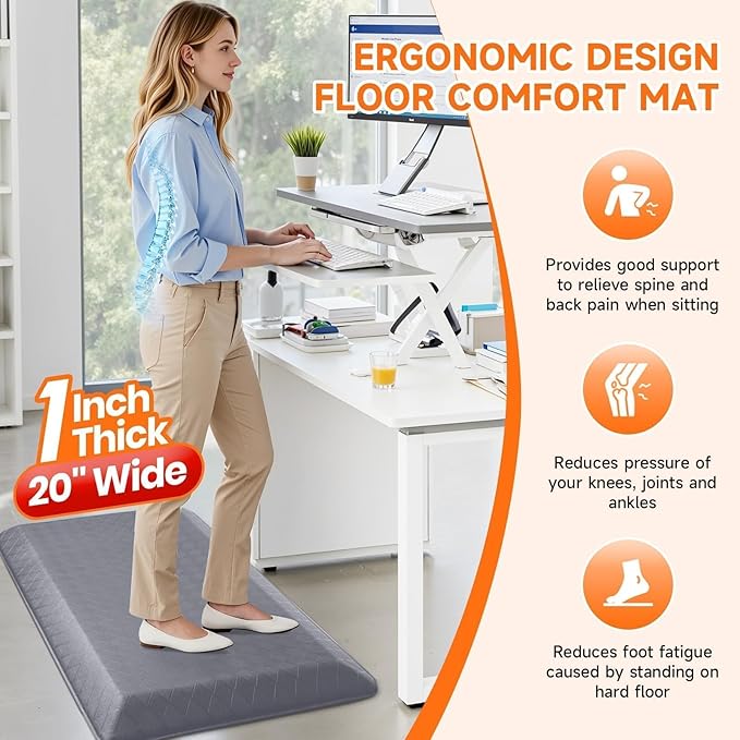 StepRite 1” Thick Kitchen Mats for Floor, Anti Fatigue Kitchen Rugs, Non-Slip,Heavy Duty Waterproof Kitchen Rug, Standing Desk Mat for Home, Kitchen, Office(Grey)