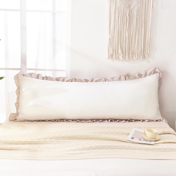 Merryword Beige Body Pillow Cover 20x54inches White and Beige Reversible Long Pillowcase Ruffled Body Pillowcases Cute Pillowcase Pillow Sham (1 Body, White Beige)