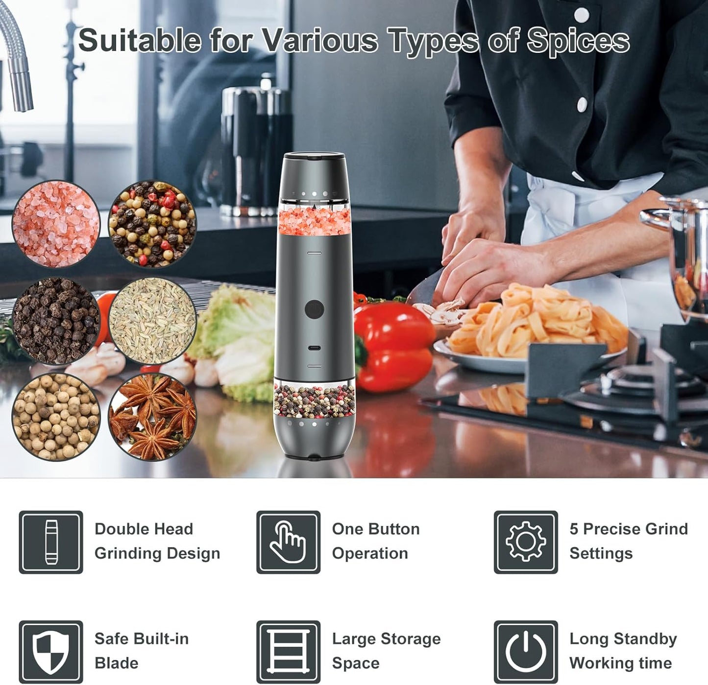 Electric Salt and Pepper Grinder Set 2 In 1 Duel Heads Grinding, Type-C Rechargeable, One-Hand Operation & Gravity, Automatic Salt and Pepper Grinder Set, Adjustable Coarseness (Gunmetal Grey)