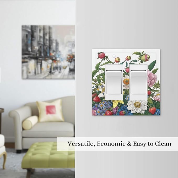 Spring Watercolor Flower Plant Strawberry Peony Floral Decorative Outlet Covers 2 Gang Double GFCI Rocker Electrical Wall Panels Light Switch Cover Plate for Bedroom living Room Decor