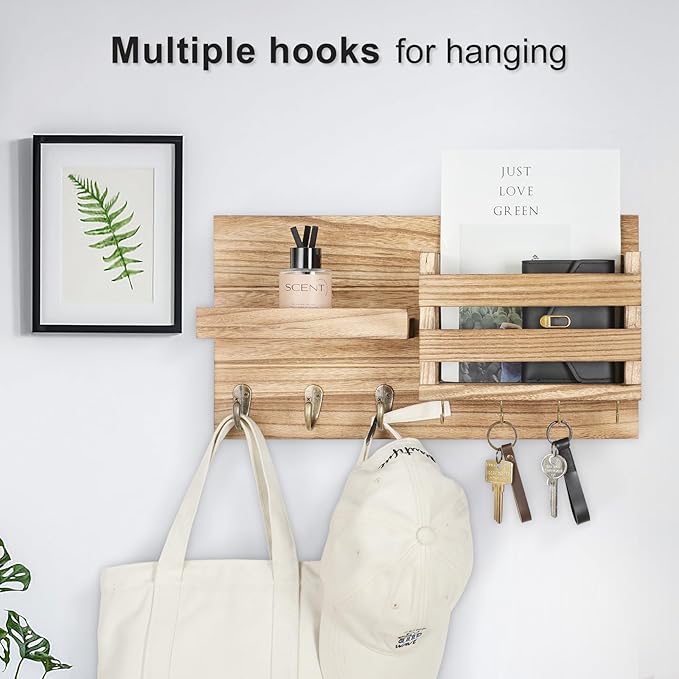 Mail Organizer for Wall Mount – Key Holder with Shelf Includes Letter Holder and Hooks for Coats, Dog Leashes – Rustic Wood with Flush Mounting Hardware (16.5” x 8.7” x 3.5”) (Wood)