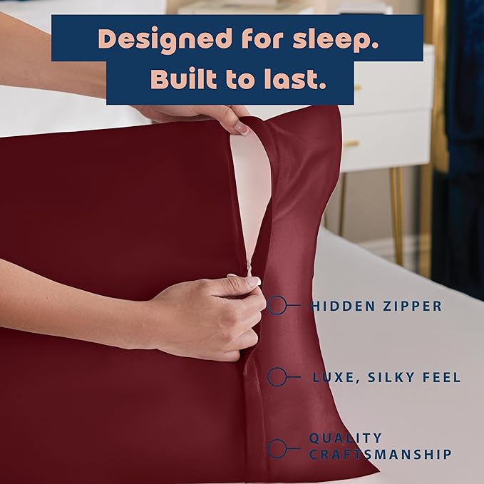 Satin Pillowcase with Zipper, for Hair and Skin Care, Feels Soft and Cool Like a Silk Pillowcase, Satin Pillow Cases 2 Pack, Slik Pillow Cover, Burgundy, Queen, Set of 2