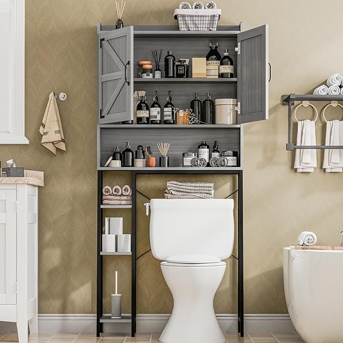 Over The Toilet Storage Cabinet, Farmhouse Storage Cabinet Over Toilet with Barn Doors & Toilet Paper Holder Stand,Home Space-Saving Toilet Rack, for Restroom/Laundry and Bathroom