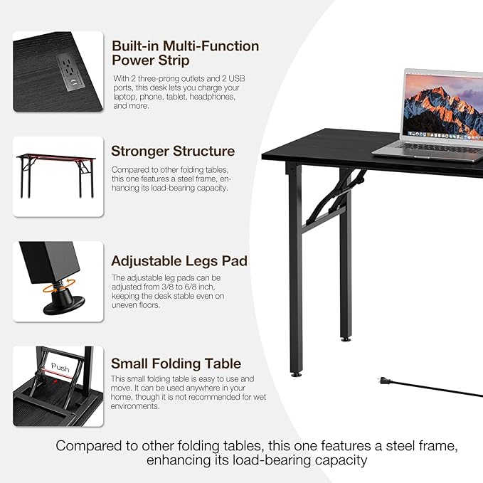 TEMI Long Computer Desk Folding Table - No Assembly, Compact 55.1" Foldable Desk with Power Outlets & USB Charging Port, Portable Lagre Office Desk, Study Table for Narrow Spaces, Dark Oak
