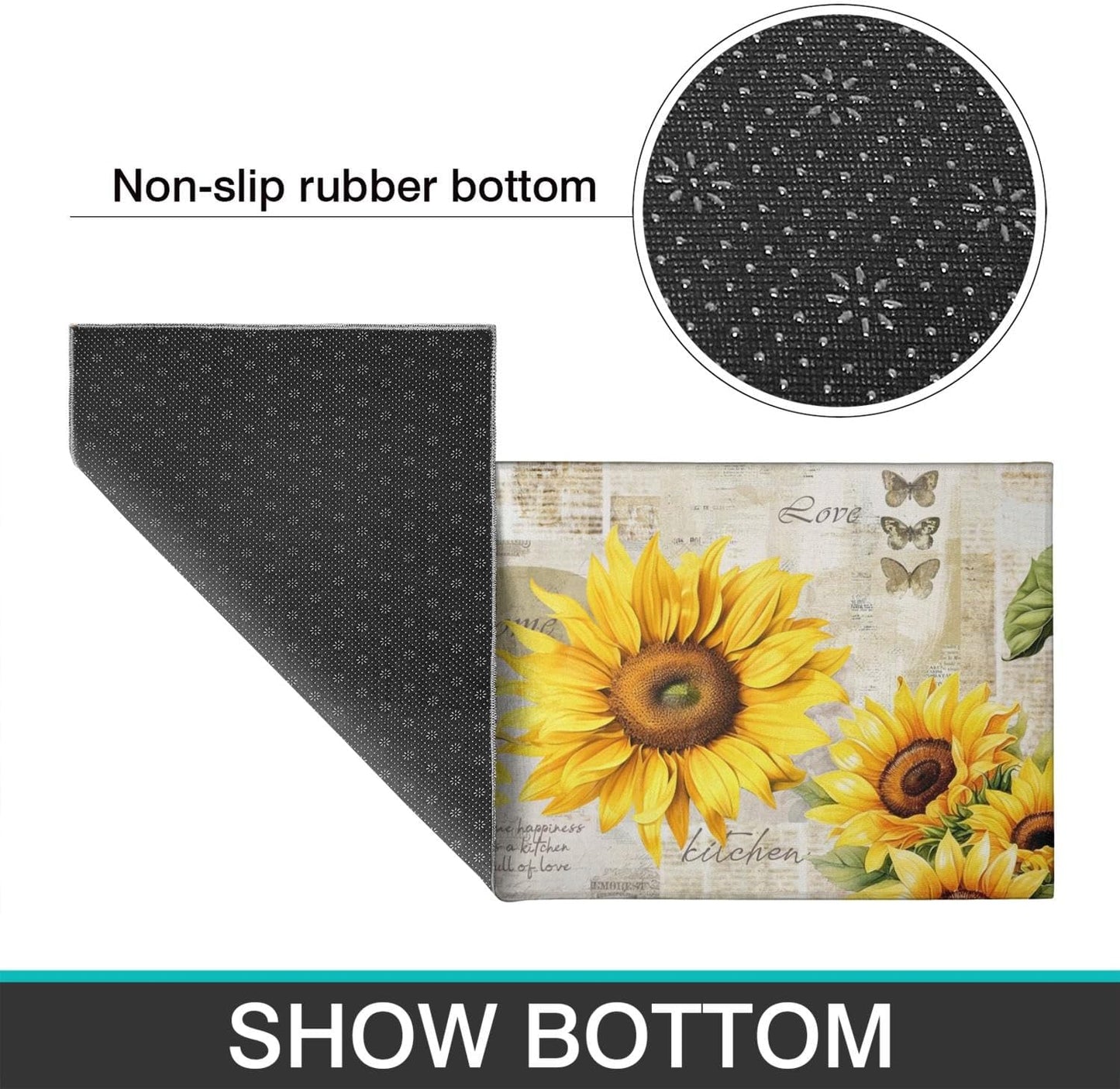 2 Piece Sunflower Kitchen Decor Rugs Set, Farmhouse Country Kitchen Rugs and Mats Non Skid Washable Absorbent Microfiber Kitchen Mats for Floor Mats Accessories Decoration 17"x47"+17"x30"