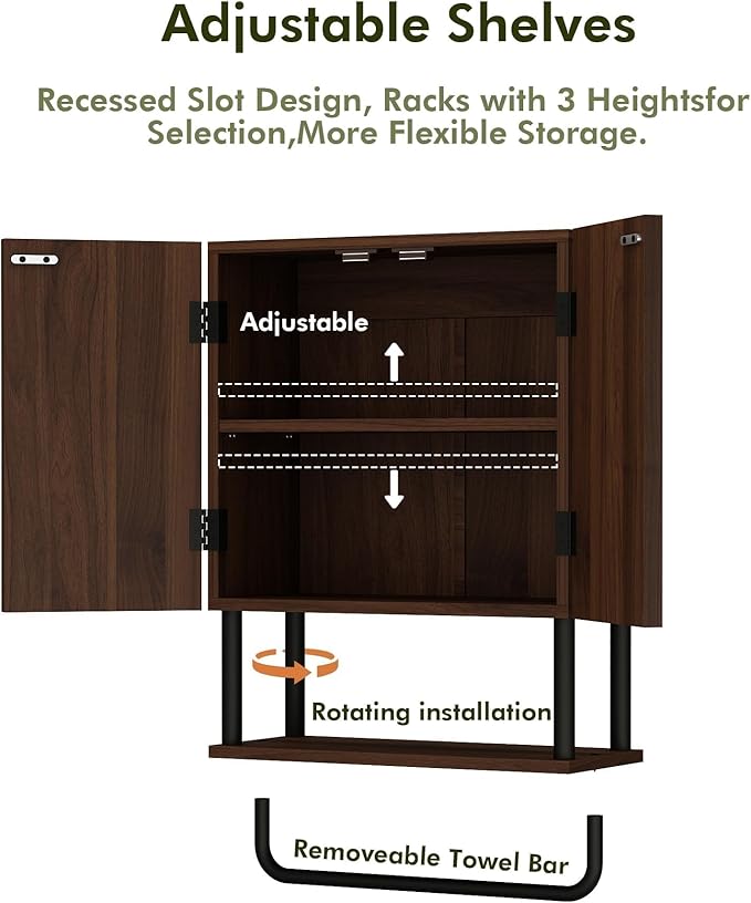 RUSTOWN Farmhouse Bathroom Wall Cabinet with 2 Door, 3-Tier Curved Profile Wooden Medicine Cabinet, Wall Mounted Storage Cabinet with Adjustable Shelf and Towel Bar (Dark Walnut, Small)