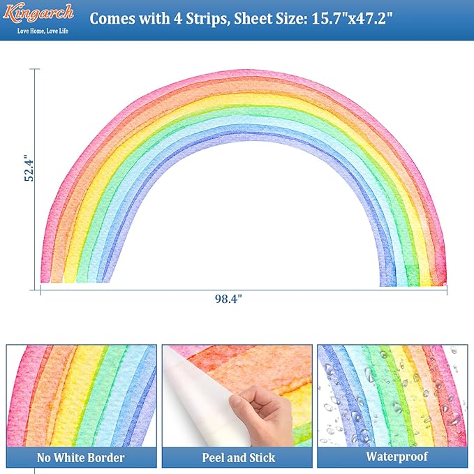 Large Watercolor Rainbow Wall Decals, Colorful Peel and Stick Vinyl Nursery Wall Decor, Removable Home Room Wall Decor Murals Stickers for Kids Girls Toddler Bedroom Living Room Playroom