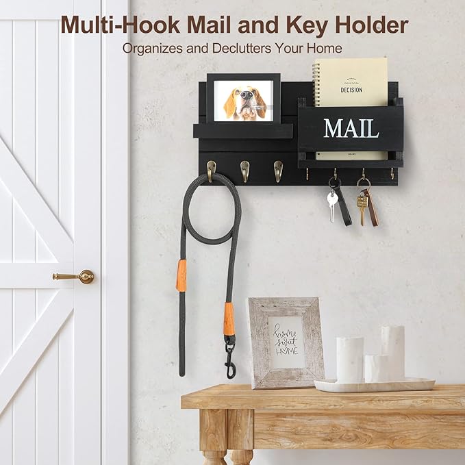 Mail Organizer for Wall Mount – Key Holder with Shelf Includes Letter Holder and Hooks for Hallway Farmhouse Decor – Rustic Wood with Flush Mounting Hardware (16.5” x 9.1” x 3.4”) (Black)