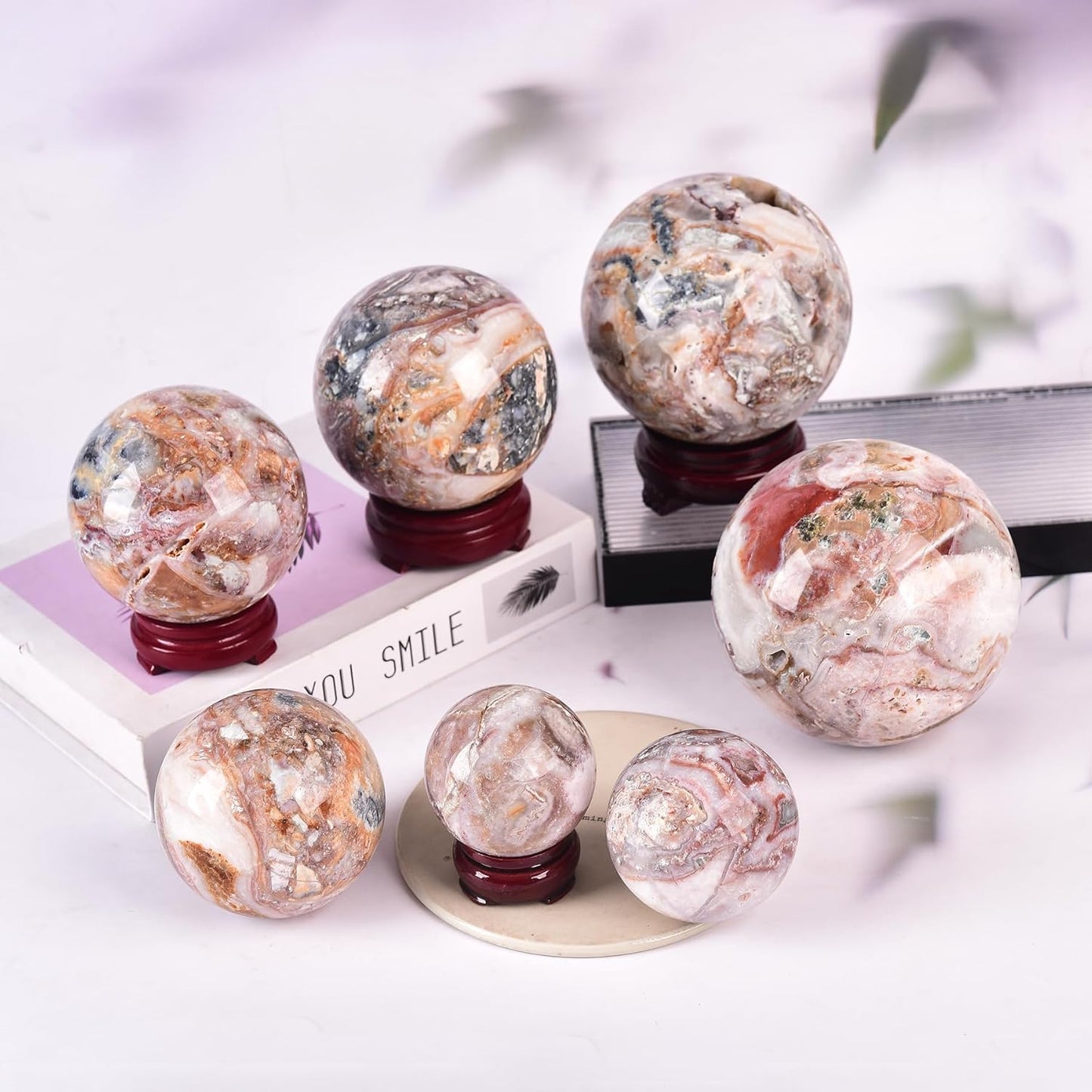 JIC Gem Natural Striped Agate Crystal Sphere with Wooden Stand Decorative Crystal Ball Healing Gemstone Sphere for Meditation Feng Shui Witch-Style Decor70-80mm