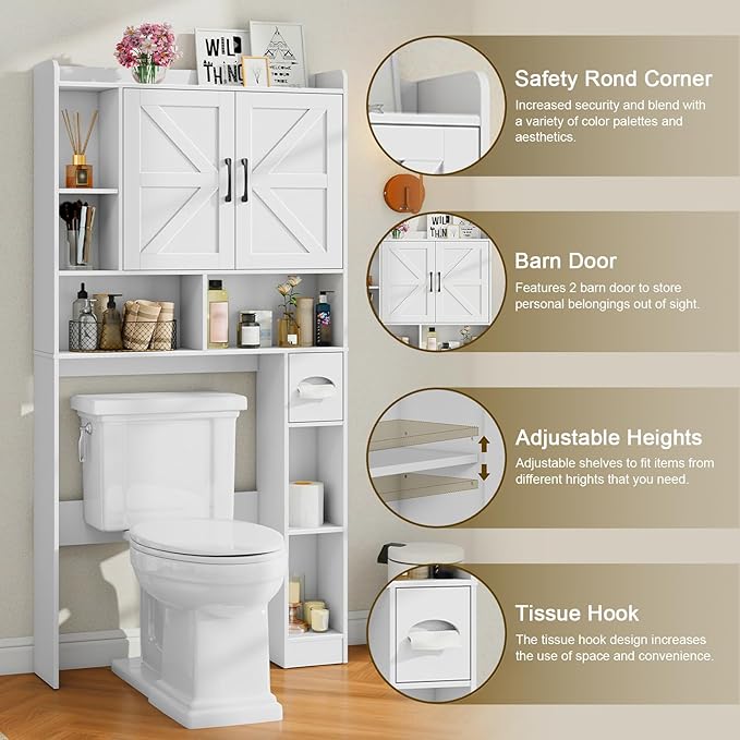 Over The Toilet Storage Cabinet, Farmhouse Storage Cabinet Over Toilet with 2 Barn Door & Toilet Paper Holder Stand,Home Space-Saving Toilet Rack, for Bathroom, Restroom, Laundry