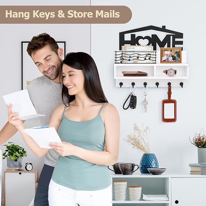 VIS'V Key Holder Wall Mount, Decorative Wooden Mail and Key Organizer with Storage Basket and Shelf, 2 Compartments, 6 Hooks, White
