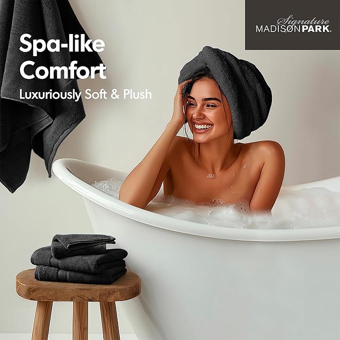 Madison Park 800GSM Bathroom Towel Set of 8 100% Cotton Bath Towel Set for Bathroom Luxurious Highly Absorbent 2 Bath Towels 2 Hand Towels 4 Washcloths Quick Dry Spa Quality Black