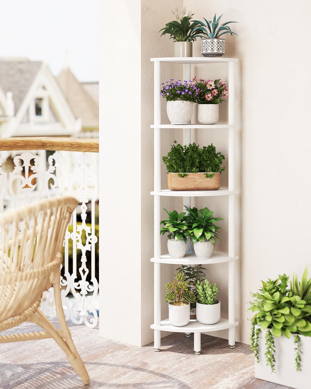 IBUYKE 5 Tier Corner Shelf Stand,Industrial Corner Display Rack,Corner Bookshelf for Living Room, Bedroom, Kitchen, Home Office, White WBC010W