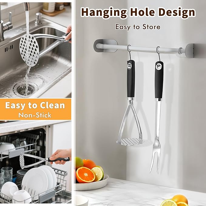 Heavy Duty Stainless Steel Potato Masher, Sturdy Metal Potato Smasher with Silicone Handle, High Heat Resistant Cooking Utensils for Kitchen Use, Dishwasher Safe, Easy to Clean, Silver