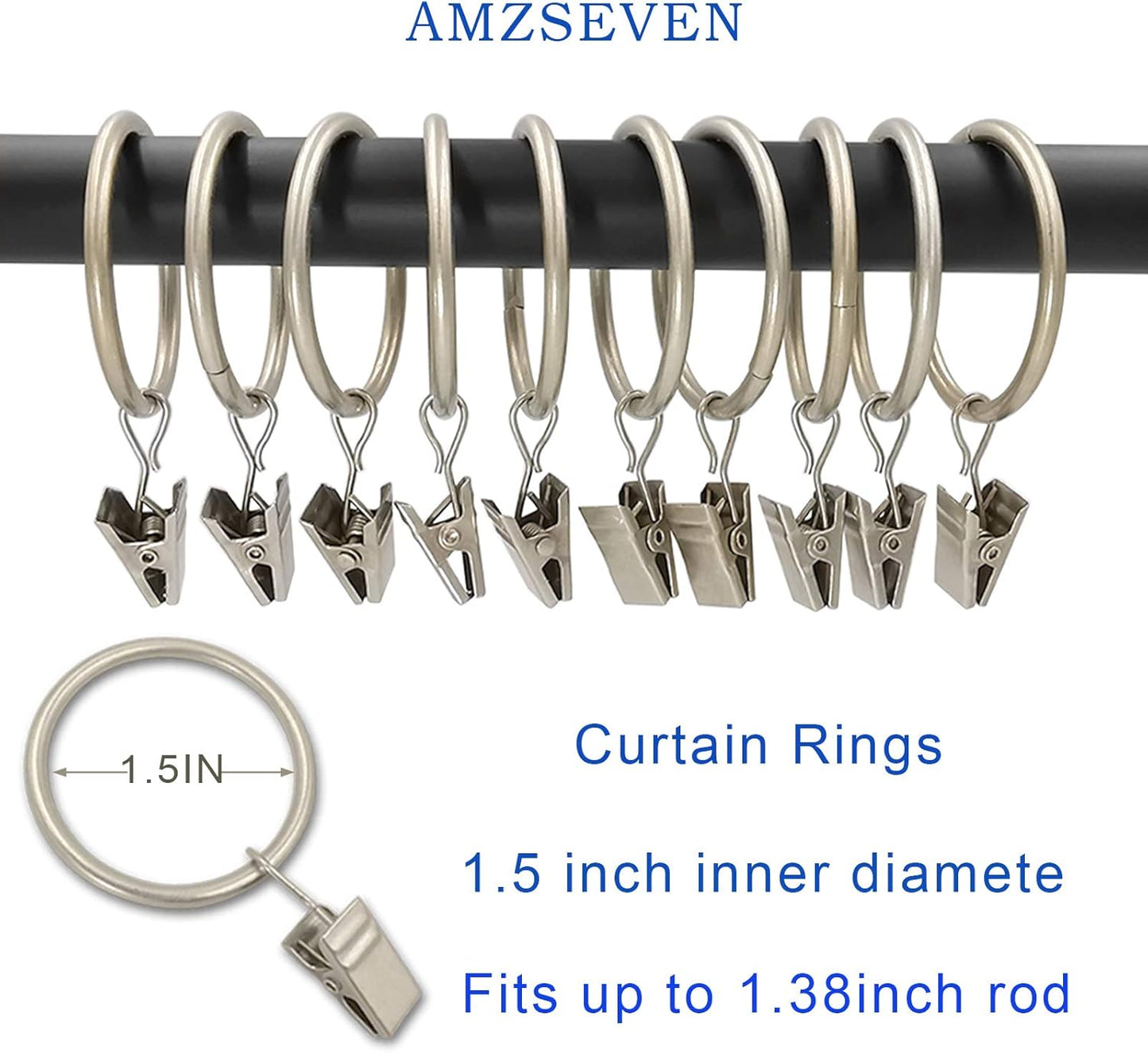 40 Pack Metal Curtain Rings with Clips, Drapery Clips Hooks, Decorative Curtain Rod Clips 1.5 in Interior Diameter, Matte Silver