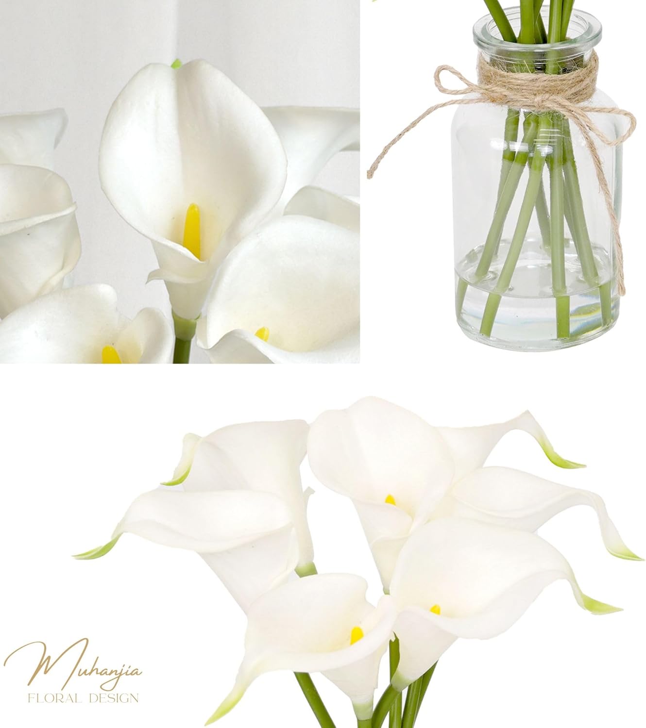 Artificial Flowers Calla Lily in Glass Vase with Faux Water,7Pcs Artificial Flower Real Touch Latex Flowers for Centerpiece Table Decorations Counter Decor(White Calla Lily)