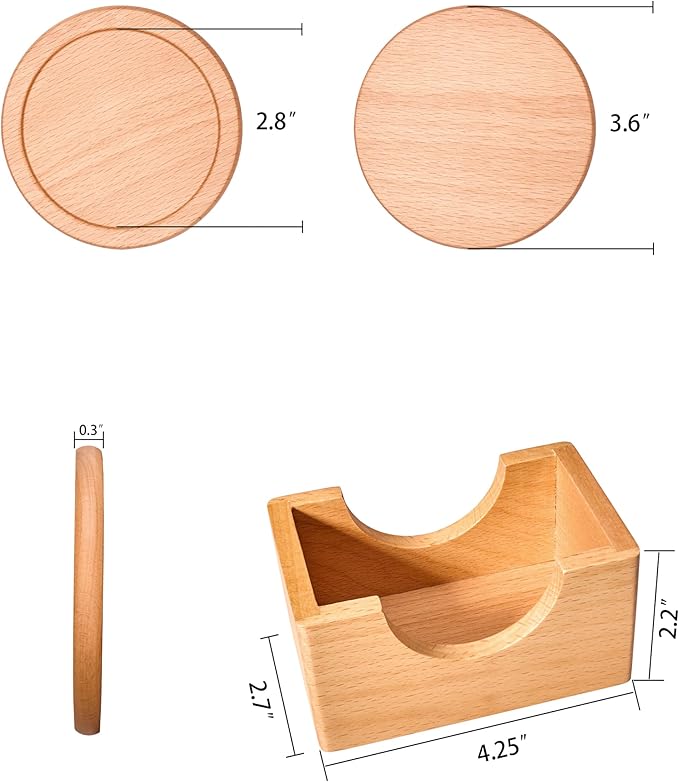 Mu&Ti Wood Coaster, Coffee Beer Coaster.100% Natural Beech Wood Coaster, 6-Piece Coaster Set, Holder Included (Beechwood)