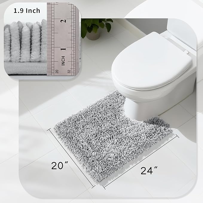 Yimobra Toilet Rugs U Shaped Washable, Extra Thick Soft Absorbent Chenille Contour Bathroom Rugs for Toilet 24x20 Inch, Quick Dry Non Slip Toilet Mat for Bath Floor, Light Grey
