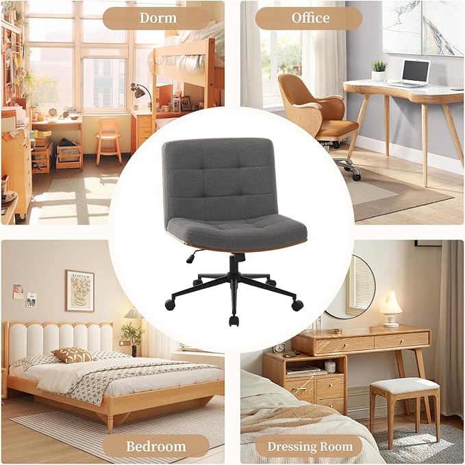 Furnimart Wide Swivel Criss Cross Legged Chair with Wheels, FSC Certified Wooden Desk Chair with Mid-Back Support, Comfy Armless Height Adjustable Vanity Chair for Desk, Bedroom (Linen Gray)